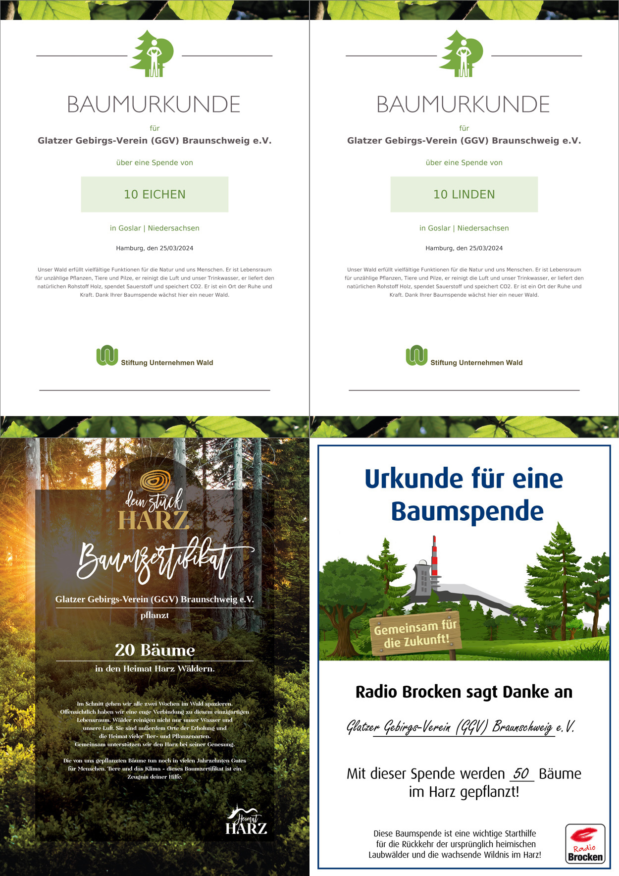 Urkunden der Baumspenden für den Harz